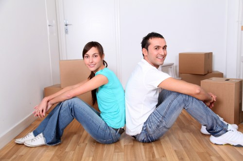 Packed office equipment and furniture ready for transport