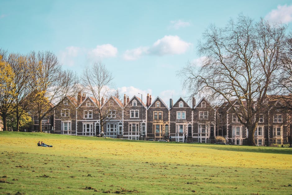 A row of Victorian terraced houses with traditional brick facades and large bay windows, set behind a spacious grassy park area with scattered trees, some of which are leafless, indicating a season transition. In the foreground, a person is laying on the grass, and another person is walking along the pavement in front of the houses. A large, leafless tree stands prominently on the right side of the image. The sky above is partly cloudy with patches of blue, suggesting a clear day. The scene represents a quiet residential street in Stroud Green, Finsbury Park, with the park acting as a communal outdoor space, and the houses providing a typical backdrop for house removals or moving services in the area. This setting is suitable for visual content related to home relocation, furniture transport, and packing processes in the context of house removals, as managed by companies like Removals Finsbury Park.